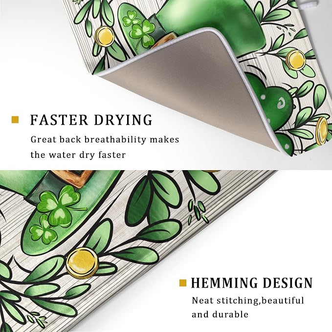 St Patrick's Day Shamrock Dish Drying Mat 18x24 inch Eucalyptus Leaves Dishes - Image 3