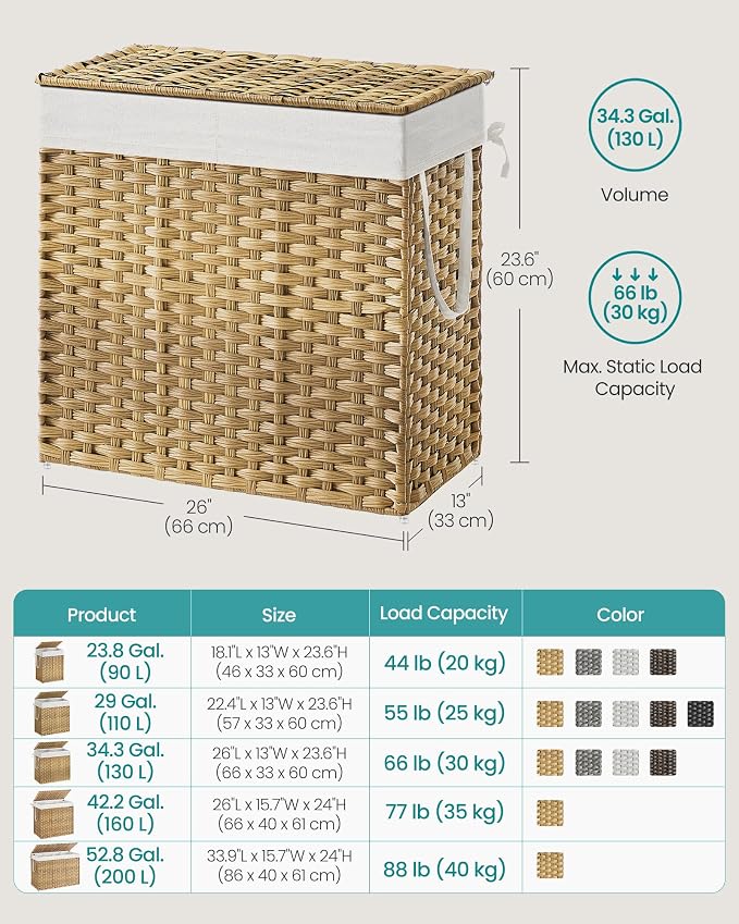 SONGMICS Laundry Hamper with Lid, 130L Double Wicker Basket, 6 Mesh Bags - Image 6