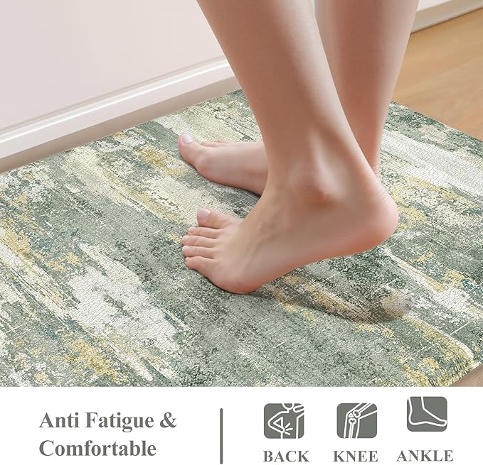 Collive Anti Fatigue Kitchen Mats, Grey/Green Abstract Kitchen Rugs Sets of 2 Non Slip Waterproof Standing Mat, Cushioned Comfort Desk Rug for Home Office, Sink, Laundry, 17"x29"+17"x47"