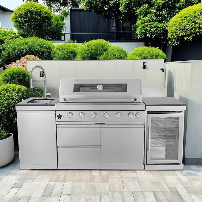85 Inches 6-Burner 85,000 BTU Deluxe Stainless Steel Propane Gas Grill Outdoor Kitchen Island,Sink,Beverage Refrigerator Storage & Rotisserie Kit for Patio Backyard Cooking,Silver