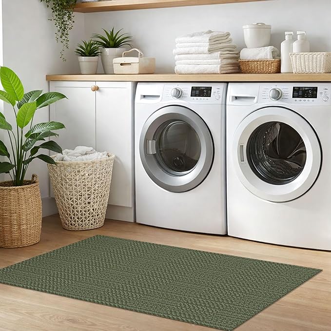 IOHOUZE Washable Runner Rug 2x5 Non Slip Runners for Hallways Entryway Runner Indoor, Kitchen Throw Rug Woven Cotton Floor Carpet for Hall Entrance Bedroom, Olive Green/Dusty Green