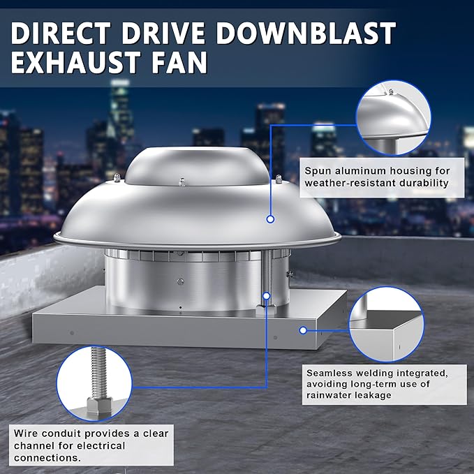 Roof Mounted Exhaust Fan Direct Drive Axial Downblast Exhaust Fan -19" Fan Base, 1/10 HP 830 CFM 115 Volt Single Phase Motor