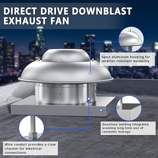 Roof Mounted Downblast Exhaust Fan Direct Drive Axial Exhaust Fan -19" Fan Base, 1/10 HP 830 CFM 115 Volt Single Phase Motor