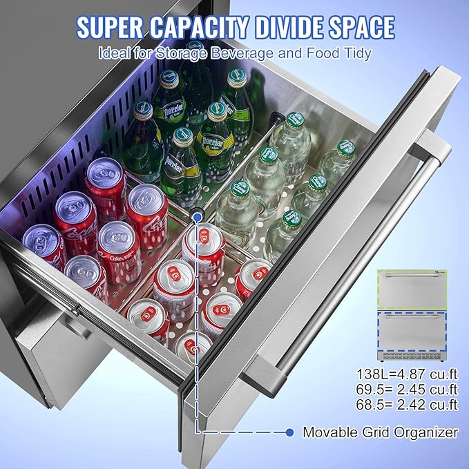 VEVOR 24 inch Undercounter Refrigerator, 2 Drawer Refrigerator with Different Temperature, 4.87 Cu.ft. Capacity, Waterproof Indoor and Outdoor Under Counter Freezer Fridge for Home and Commercial Use