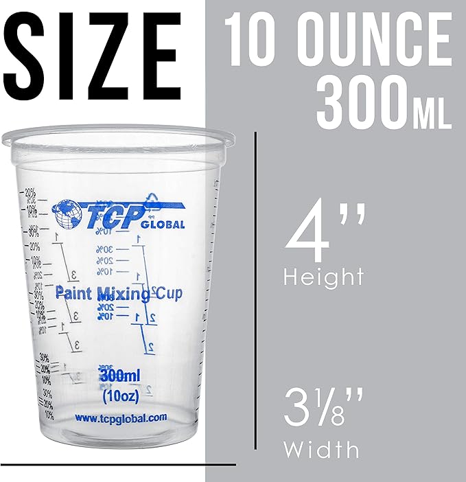 TCP Global 10 oz. (300ml) Graduated Plastic Mixing Cups - Box of 50 with 50 Mixing Sticks - Disposable Plastic Measuring Cups for Liquids, Paints, Resin, Epoxy, Art, Kitchen - Ratios 2-1, 3-1, 4-1 ML