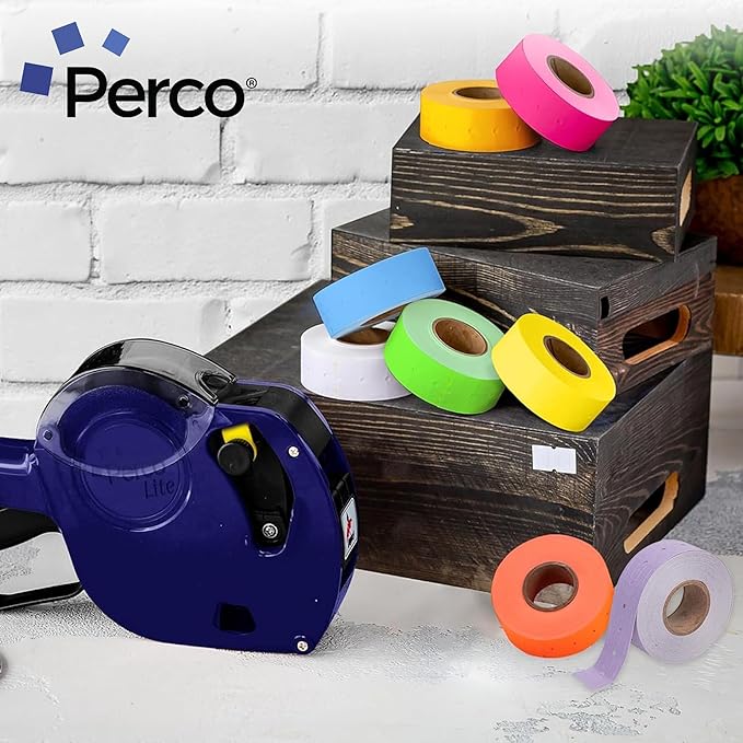 Perco 1 Line Multicolored Sleeve—8 Rolls, 1 Sleeve, 8,000 Labels for Perco Lite, X, Plus & Pro Guns—Includes White, Yellow, Blue, Lavender & Fluorescent Colors (Red, Green, Pink, Orange)—Made in USA