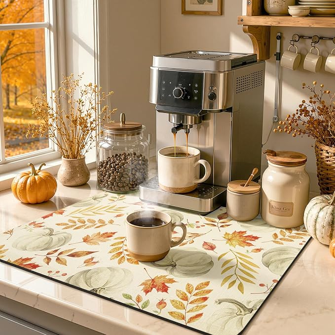 LOKHOM 12"x20" Fall Dish Drying Mat，Autumn Harvest White Pumpkin Leaves | - Image 8