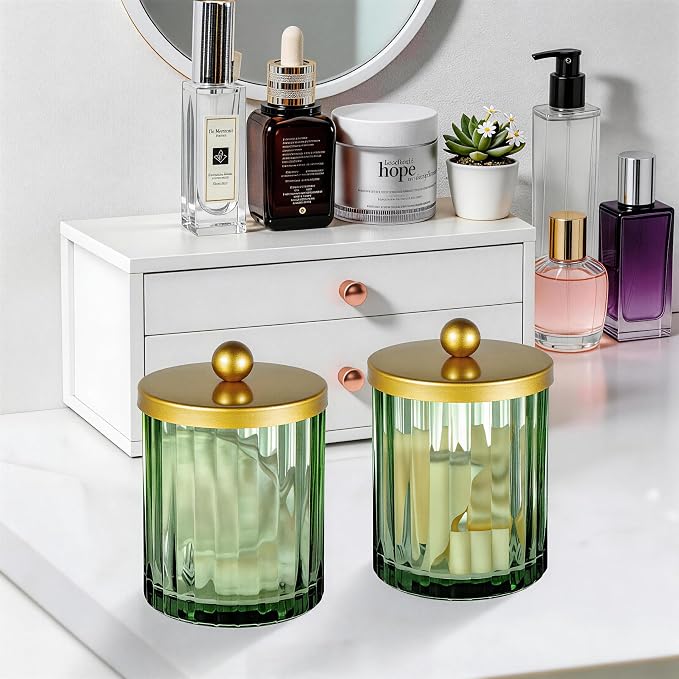 Amolliar Green Glass Qtip Holder Dispenser, Bathroom Canister - Image 6