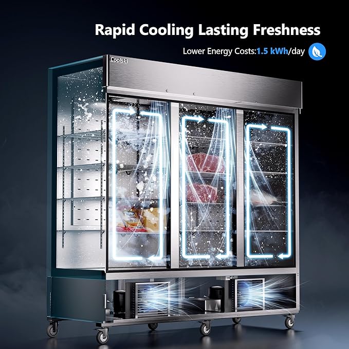 Coolski 82 Inch Commercial Refrigerator 3 Doors, Reach-In Refrigerator Fridge for Restaurants Stores Garages, 72 Cu.Ft. Large Capacity Auto Defrost Fan Cooling, ETL NSF Approved