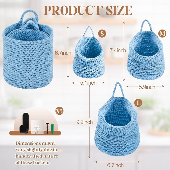Honeydak 3 Hanging Baskets, Light Blue, Cotton Rope - Image 2