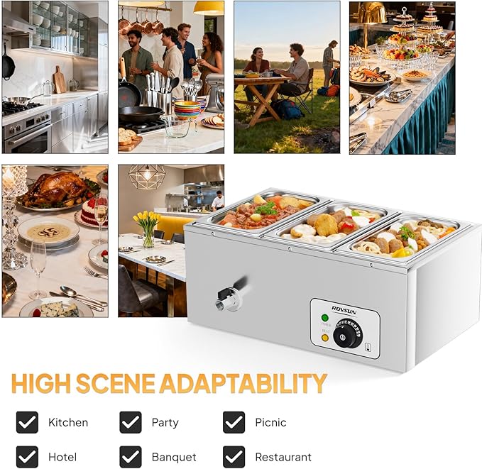 ROVSUN 21QT Electric Commercial Food Warmer, 3-Pan Steam Table 6.9 QT/Pan Stainless Steel Bain Marie Buffet Countertop with Temperature Control & Lid for Parties, Catering, Restaurants 110V