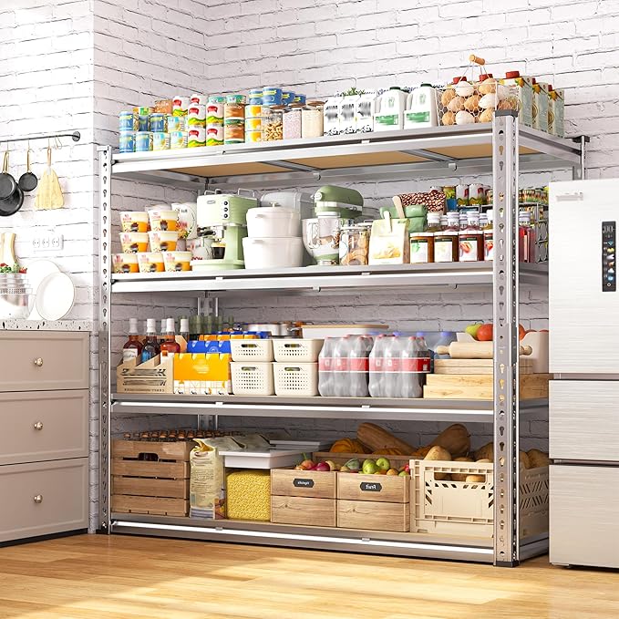 Garage Shelving Load 2100LBS, 4-Tier Storage Shelves, Adjustable Garage Shelves, Shelving Units and Storage, Metal Shelf for Kitchen, Pantry, Warehouse, 48" W x 60" H x 17.9" D, Galvanized