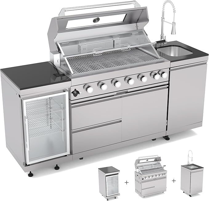 Outdoor Kitchen Island, 82 Inch 6 Burner Gas Grill Combination With Refrigerator and Sink, Outdoor Stainless Steel Barbecue Bar, Propane Grill, 85000 BTUs (82"-Silver, Propane)