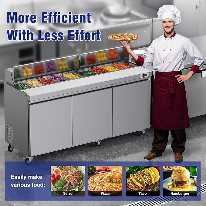 72’’ W Commercial Refrigerator Sandwich Salad Prep Table Refrigerators 3 Door with 18 Pans, Prep Station Fridge for Restaurant, Bars, Shops