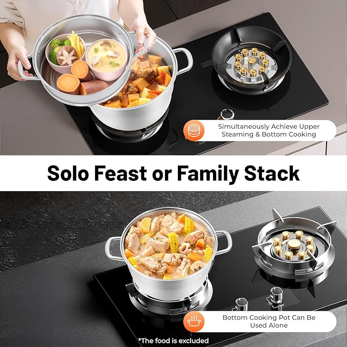5-Tier Steamer Pot for Cooking, D12.8in Stainless Steel Steamer Cookware with Handles Glass Lid & Strainer Baskets for Food Dumpling Fish Vegetable Seafood