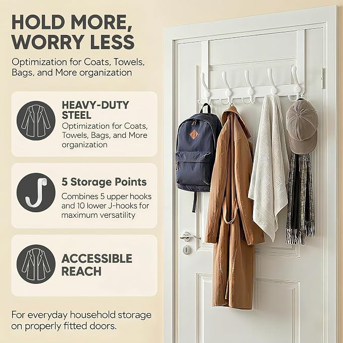 Over The Door Hooks, Coat Rack for Hanging Clothes Hat Towel - Image 5