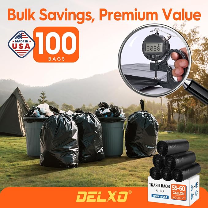Delxo 55-60 Gallon Trash Bags, 38×58' Large Black Garbage Bags | 0.9 Mil Trash - Image 3
