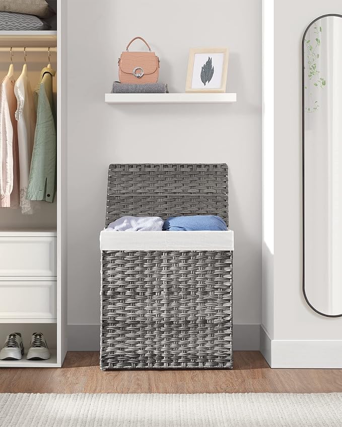 SONGMICS Laundry Hamper with Lid, 110L Double Wicker Basket, 6 Mesh Bags - Image 9