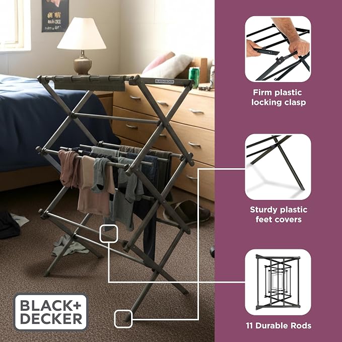 BLACK+DECKER Space Saving 3-Tier Expandable Clothes Drying Rack, Foldable - Image 8