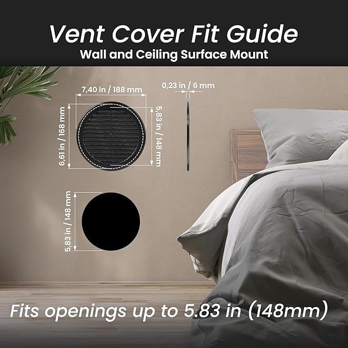 Repa Market 6 Inch (Opening) Black Round Air Vent Cover - Pack of 2 Plastic Fresh Air Intake Vent - AC Cover with Nylon Mesh Screen - Wall, Ceiling HVAC Return Air Register - Modern Soffit Vents