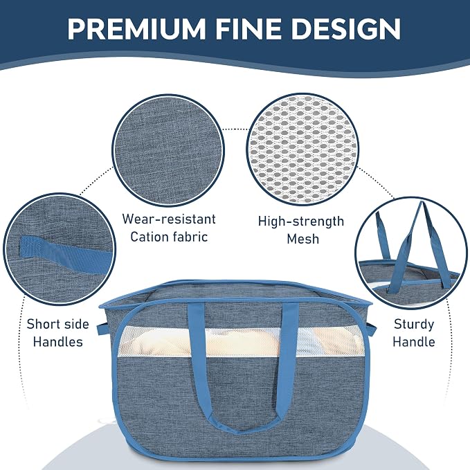 100L Collapsible Laundry Baskets, Foldable Dual Handles Laundry Hamper Blue | - Image 4