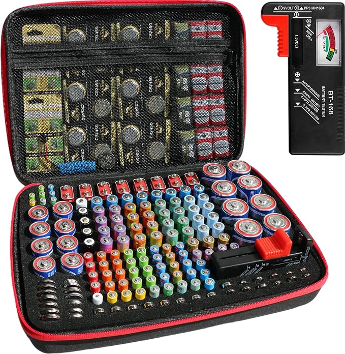 Battery Organizer with BT-168 Tester, EVA Storage Case | 210+ AA AAA C D 9V by LINKOceans