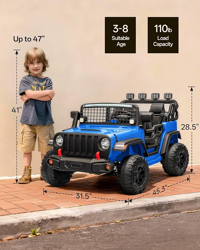 2 Seater Ride on Car Toy, 24V 4WD Electric Car for Kids 4-8 with Remote Control, 4x200W Motors, Capacity 110 lb - Blue
