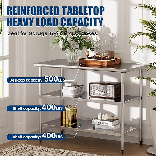 Stainless Steel Work Table 24 x 60 Inch with 2 Adjustable Undershelves, Heavy-Duty Metal Prep Table for Commercial Kitchen & Restaurant, Garage, Outdoor