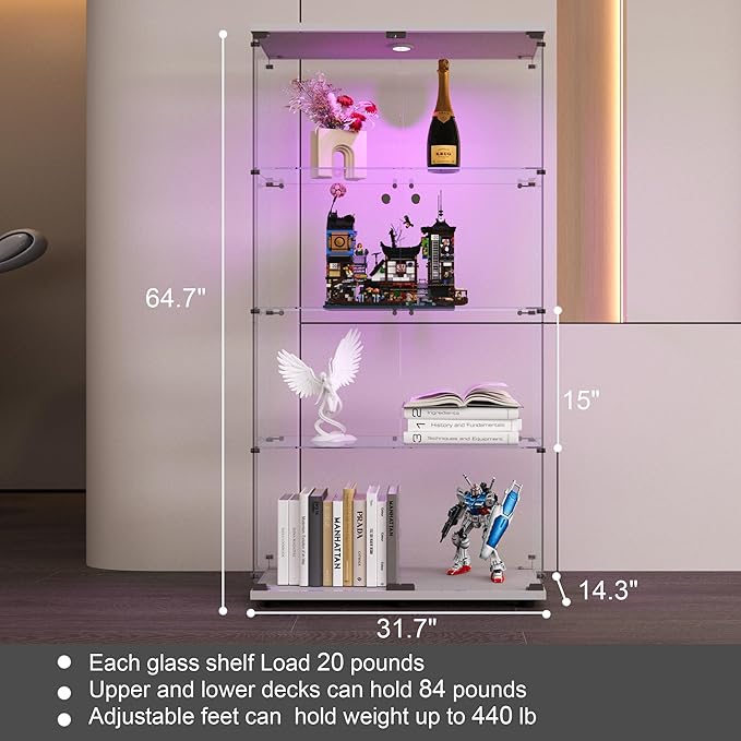 Yoluckea 4 Shelves Glass Display Cabinet with LED Light and 2 Doors,Floor Standing Clear Glass Curio Collection Display Cabinet for Living Room Bedroom 64.7” x 31.7” x 14.3” White