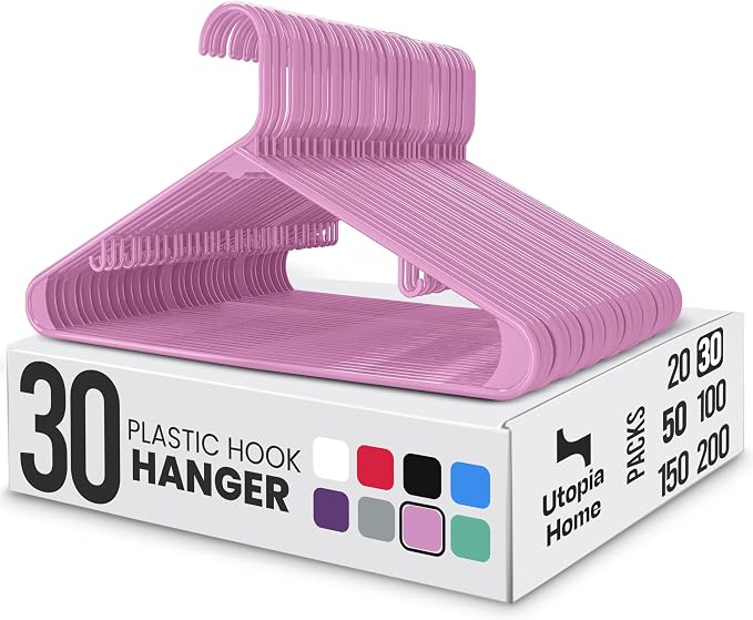 Utopia Home Plastic Hangers 30 Pack – Built-in Strap Hooks Pink | Space saving by UTOPIAHOME