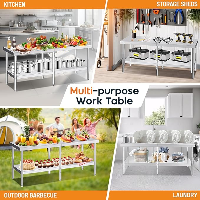 Jocisland 30" x 82" Stainless Steel Table for Prep & Work Adjustable Under Shelf and Feet, for Commercial Kitchen, Restaurant, Hotel and Garage