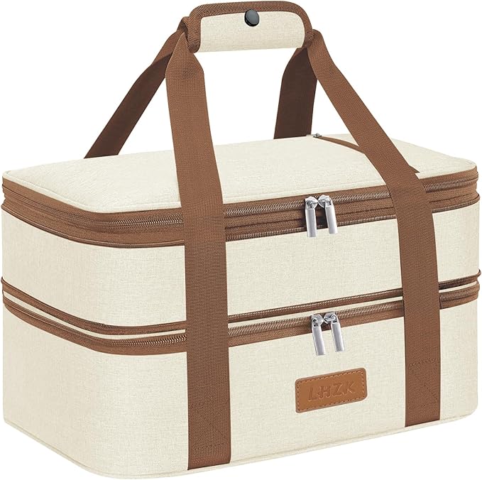 LHZK Double Decker Insulated Casserole Carrier for Hot or Cold Food, Expandable Hot Food Carrier, Lasagna Holder Tote for Potluck Parties, Picnic, Beach, Fits 11 x 15 or 9 x 13 Baking Dish (Beige)