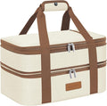 LHZK Double Decker Insulated Casserole Carrier for Hot or Cold Food, Expandable Hot Food Carrier, Lasagna Holder Tote for Potluck Parties, Picnic, Beach, Fits 11 x 15 or 9 x 13 Baking Dish (Beige)