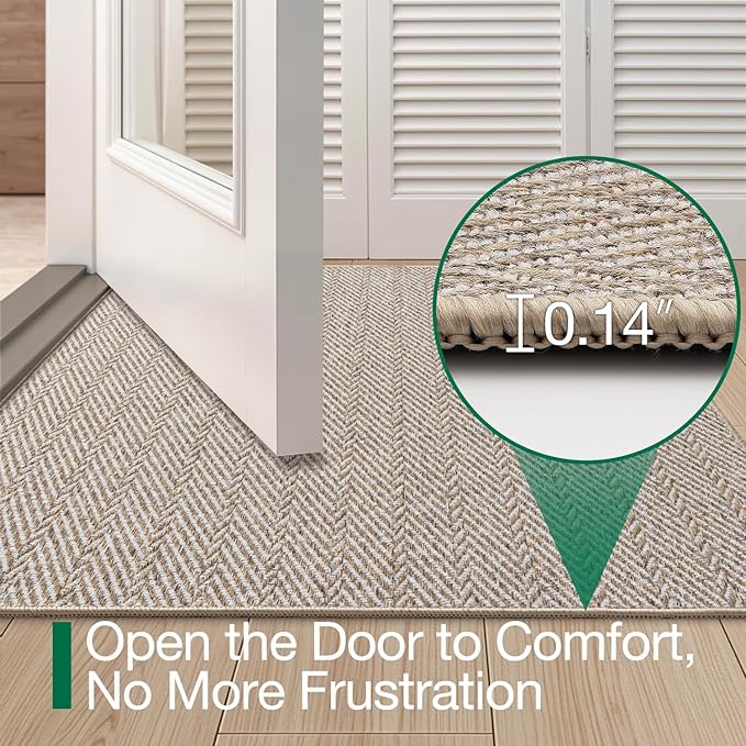 LUMI Ultra Thin Indoor Door Mat for Entrance 36"x56", Non Slip Entryway Mat, Low Profile Doormat, Unique Herringbone Design Carpet for Inside, Patio, Porch, Beige