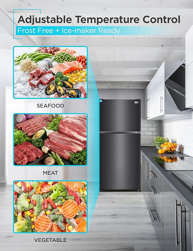 BLACK+DECKER 20.1 Cu. Ft. Top Mount Refrigerator with Ice Maker, 2-Door Refrigerator with Top Freezer, Freezer with Icemaker and Adjustable Temperature Control, ENERGY STAR, BR2010JIMB, Black