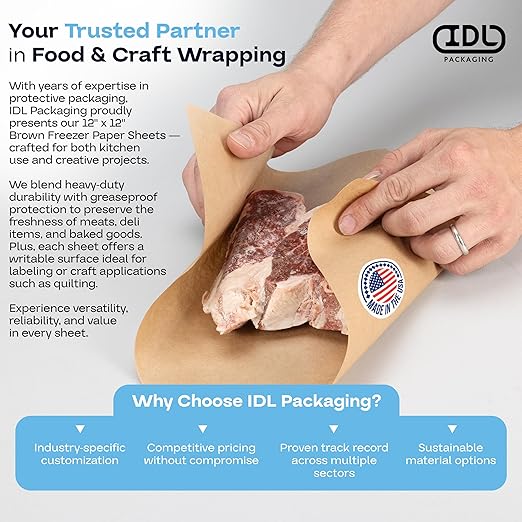 Brown Freezer Paper Sheets 12" x 12", Pack of 500 - USA-Made Paper Sheets for Long-Term Freezing of Meat & Fish - Freezer Pads for Quilting - Bakery Tissue Wraps for Food Storage by IDL Packaging