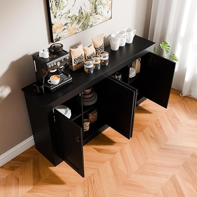 Cozy Castle Buffet Cabinet with Storage - Kitchen Storage Cabinet Wood Console Table Coffee Bar Accent Cabinets for Living Room Dining Room Entryway Black 57.5" W