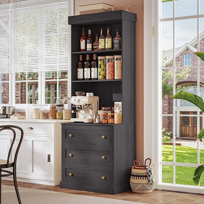 71" Tall Farmhouse Kitchen Pantry, Large Storage Cabinet with Glass Doors and Drawers, Freestanding Coffee Bar Hutch with Microwave Stand, Adjustable Shelves for Kitchen, Living Room, Black 2 Pcs