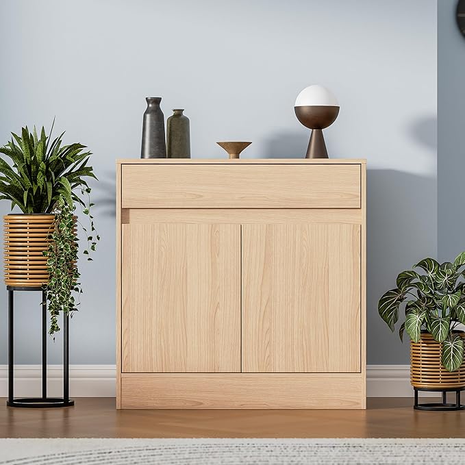 Buffet Cabinet with 2 Doors and Drawer, Coffee Bar Cabinet with Adjustable Shelf, Modern Kitchen Buffet Sideboard for Living Room, Kitchen, Oak