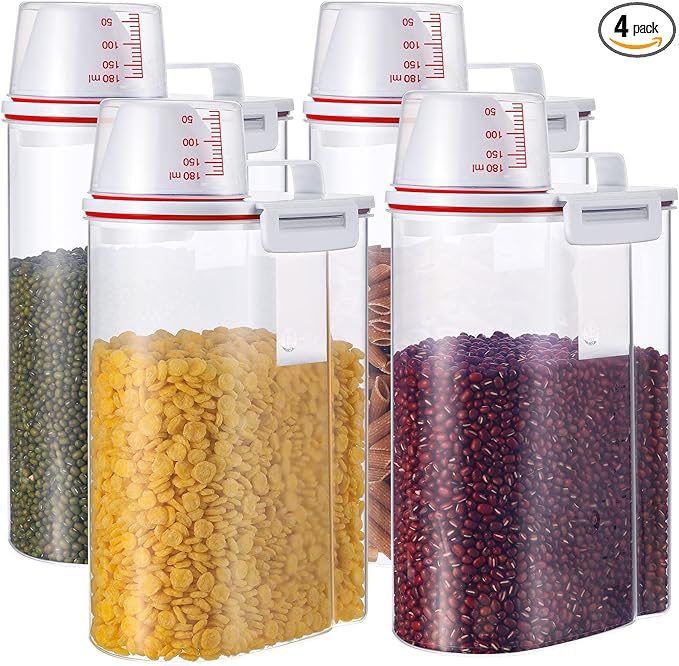 Rice Storage Bin 4 Pcs Cereal Containers Dispenser with Measuring Cup Plastic Storage Containers with Lids Kitchen Storage Bin Rice Holder Container Food Container Sets for Flour Cereal, 2.5 L (Red)