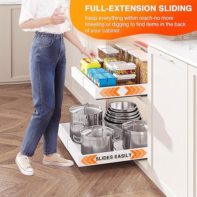 LEGUANG Expandable Pull-Out Cabinet Organizers (12.6-20.4" W x 21" D) - Upgraded 3 Quiet Slide Rails, Nano-Film Adhesive Fixing, White, Fit Kitchen/Living Room/Bathroom/Vanity