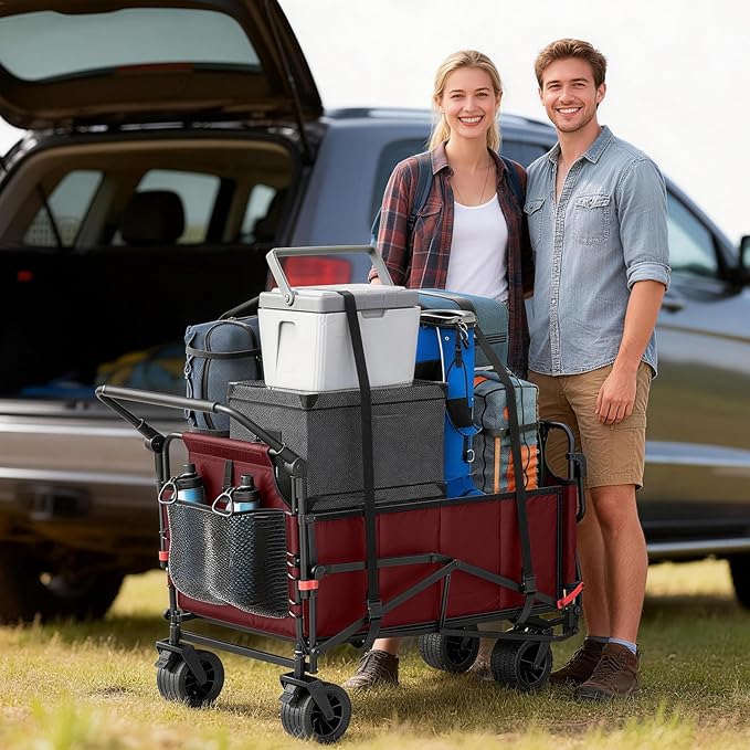 LEVELEVE Heavy Duty Folding Wagon - 2-in-1 Collapsible Cart, 650lb Capacity, All-Terrain Wheels w/Brakes & Side Pockets (Red)