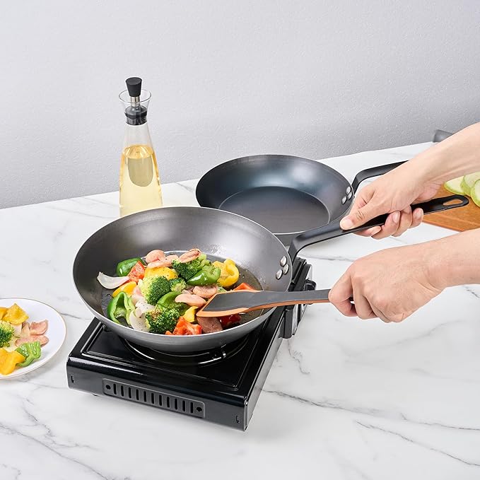 Met Lux 12 Inch Fry Pans, 6 Lightweight Frying Pans - Induction-Ready, Triple-Riveted, Black Carbon Steel Cooking Skillets, Durable, For Searing, Sauteing, And Browning Food - Restaurantware