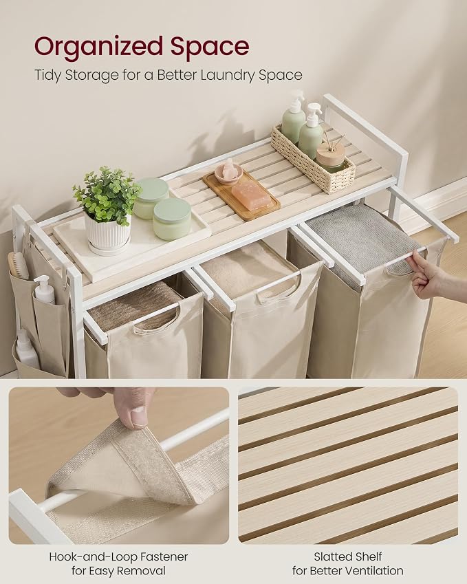 VASAGLE Laundry Hamper with Shelf, 3 Pull-Out Bags, 3 x 10.6 Gallons - Image 4