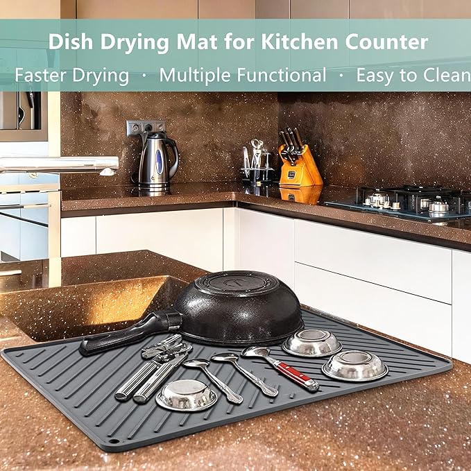 Dish Drying Mat, Silicone Dish Drying Mat for Kitchen Counter, Dish Drainboard Mat with Built-in Drain, Non-silp, Heat Resistant, Dishwasher Safe (Gray, 17"x13")