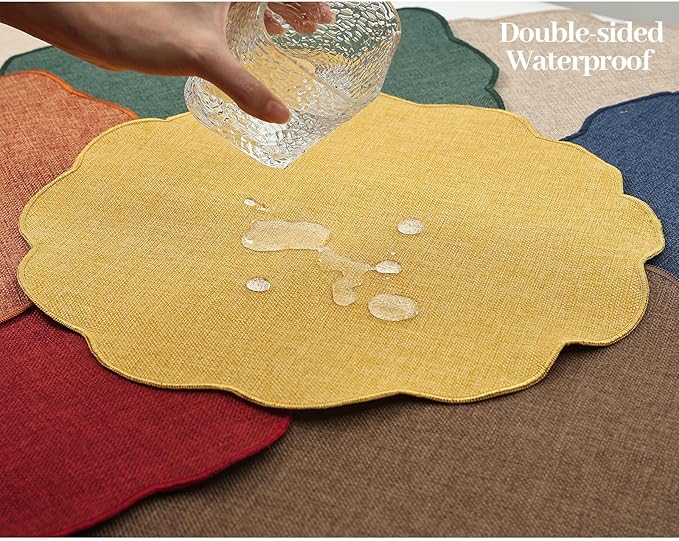 AHHFSMEI Round Faux Linen Placemats Set of 4 Waterproof Table Mats Heat Resistant Non-Slip and Stain Proof for Kitchen Dining Elegant Decor (Brown,4)