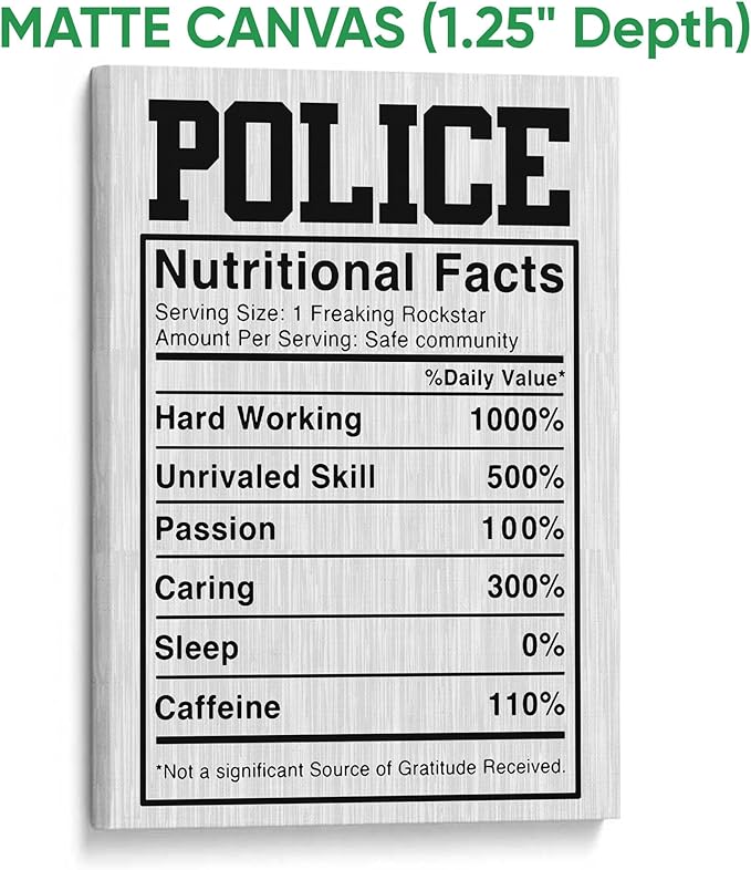 Police Poster & Framed Canvas, Police Nutritional Facts - Funny Home Office Decor, Bedroom Living Room Aesthetic Wall Art Gift For First Responder, Peace Officer, Policeman, Policemen