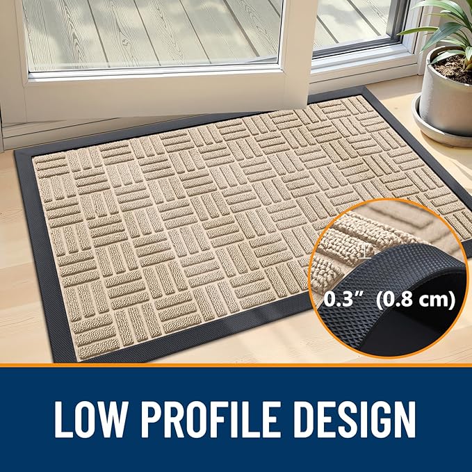 OLANLY Front Door Mat Outside Entrance 29.5x17, Absorbent, Heavy Duty Sturdy Natural Rubber Doormat Indoor Outdoor, Non-Slip, Stain and Fade Resistant, Low Profile Floor Mat for Entryway, Latte White