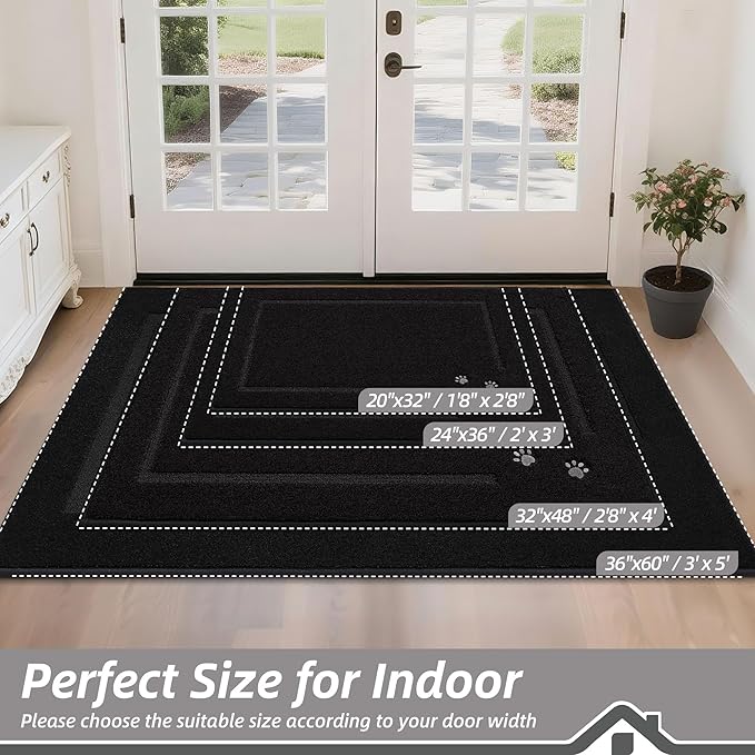 BEQHAUSE Dog Door Mat for Muddy Paws 24"x36" Dirt Trapper Absorbent Doormat Non Slip Entryway Rugs Washable Stain Resistant Welcome Floor Mat Soft Low-Profile for Front Back Door, Black