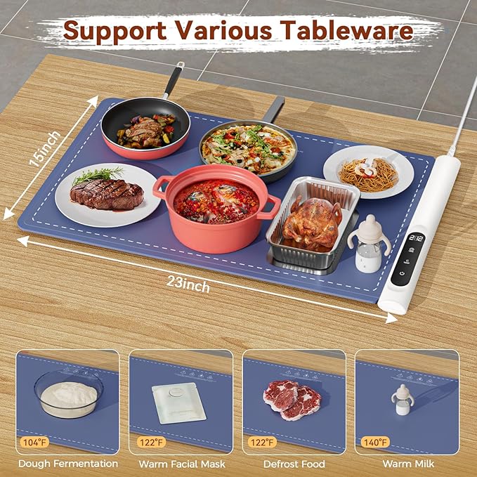 Graphene Warming Mat for Food - Fast Full Surface Heating Electric Warming Tray, Portable Food Warmer for Parties Buffet with 6 Temperature and Timer Settings, Blue